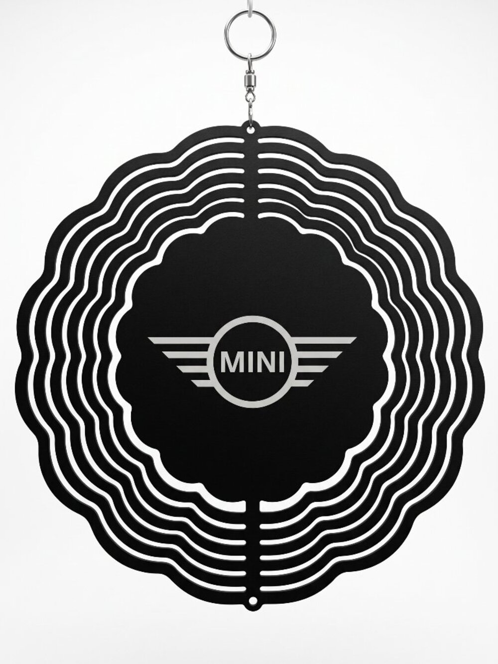 10" MINI Cooper Logo Kinetic Wind Spinner - Black Metal Hanging Yard Decor
